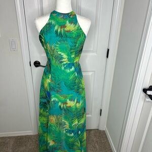 Lulu's Teal and Lime Halter Backless Maxi Dress